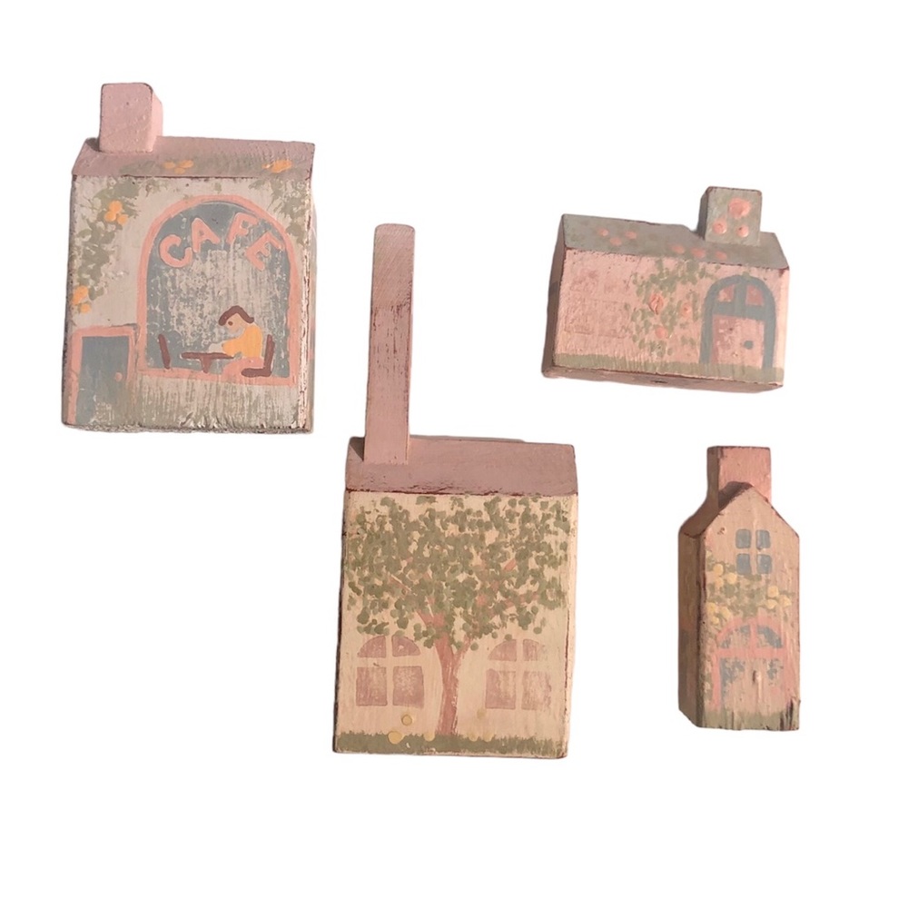 Hand painted wooden country town, 4 pieces